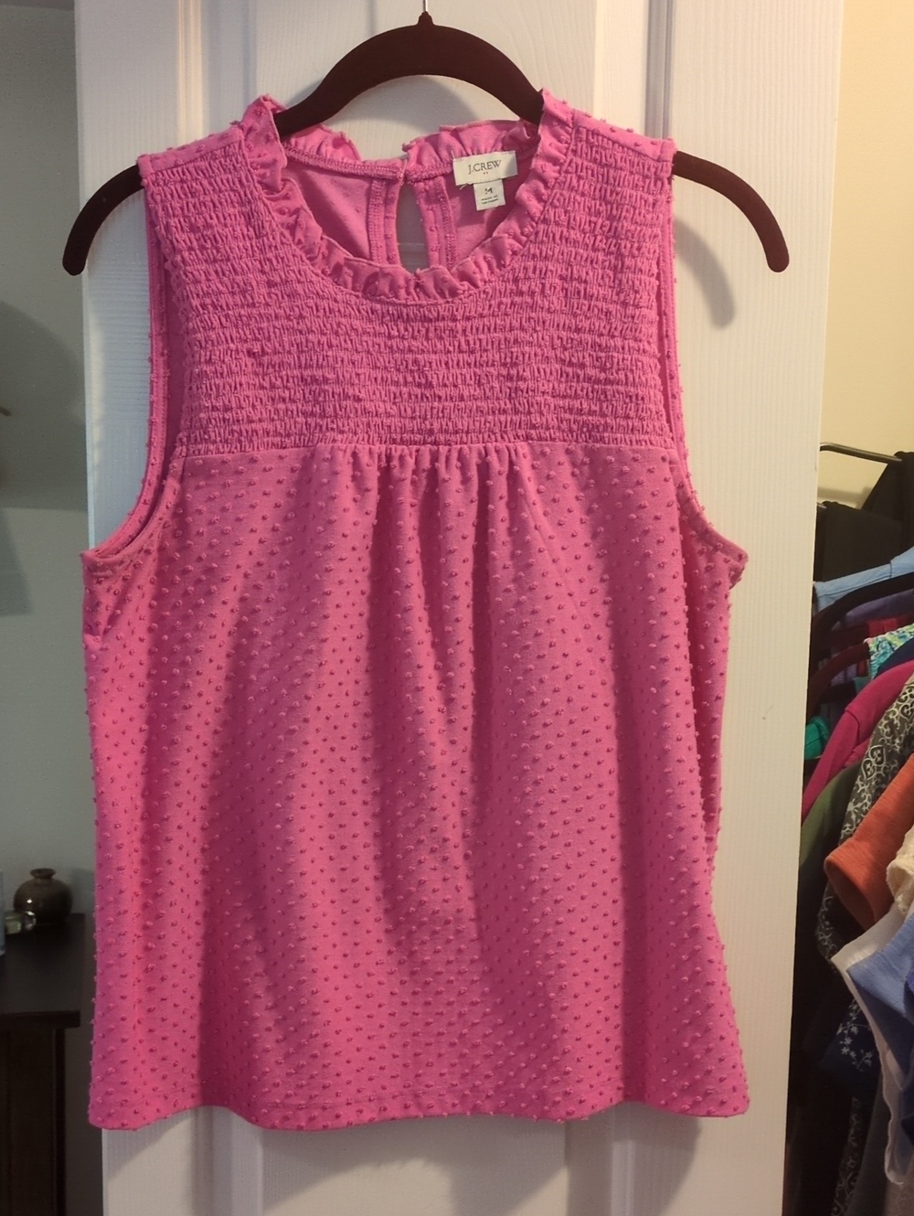 J. Crew Bright Pink Swiss Dot Ruffle Trim Sleeveless Smocked Top